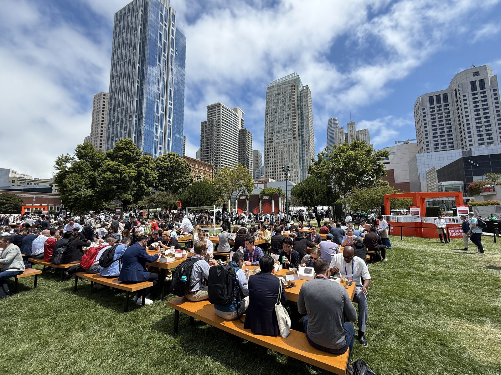 Outdoor lunch crowd with SF skyline